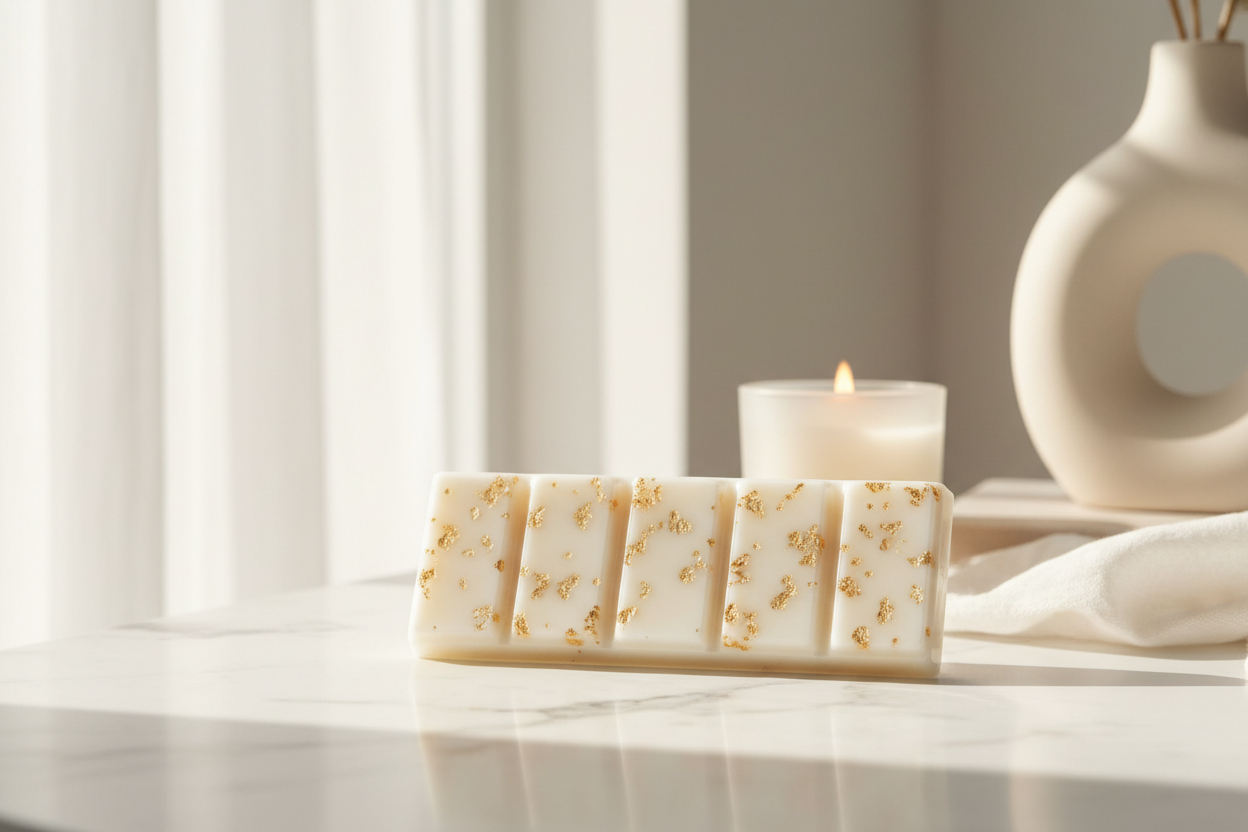 white 5 bar snap wax melt with gold flecks and white background in a luxury style home.